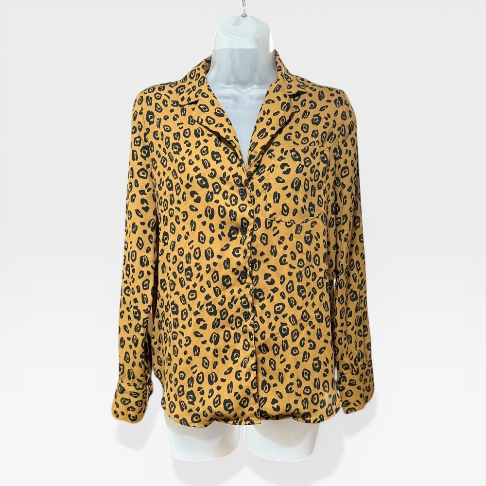 Leopard Print Button‎ Down Blouse Long Sleeve Collared Animal Print Top